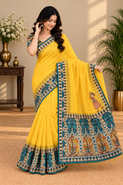 Model wearing the mustard Madhubani Butter Silk saree