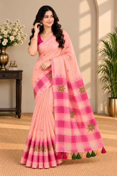 Model wearing the pink Linene cotton saree with mirror work