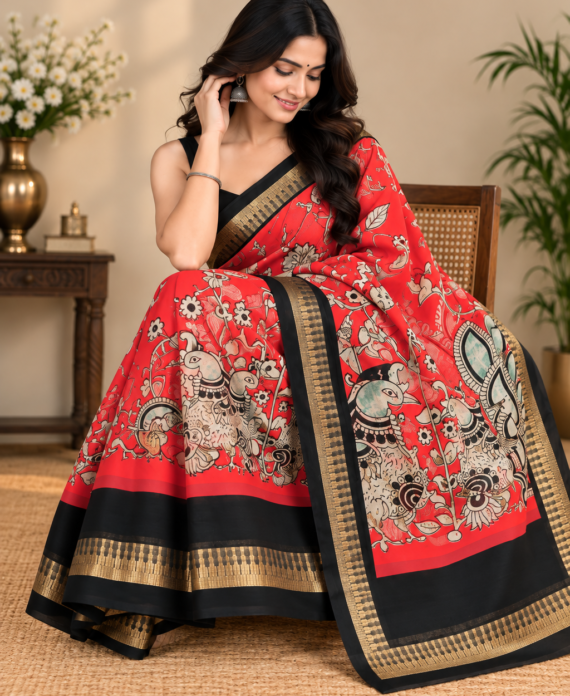 Model wearing the Chiffon Georgette saree with Kalamkari border